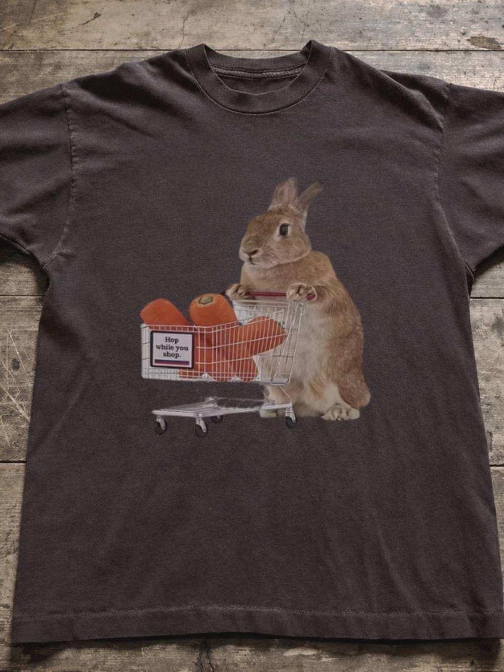 Gildan Brown Tee with Bunny Pushing Cart and Orange Produce